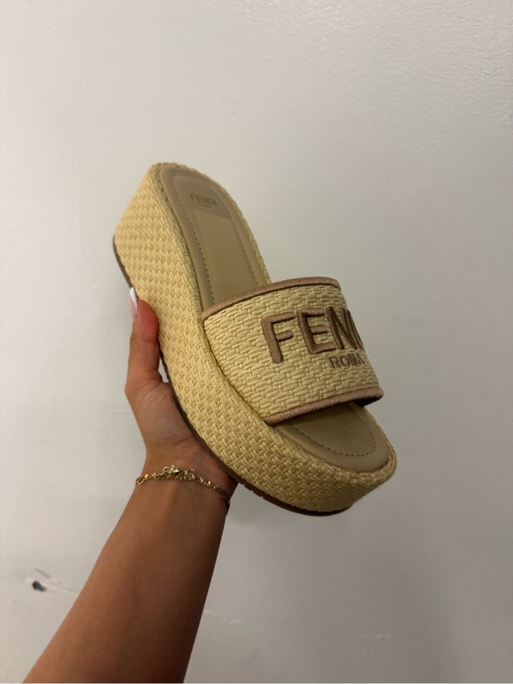 Fendi Natural Woven Platform Mule with Brown Logo Trim
